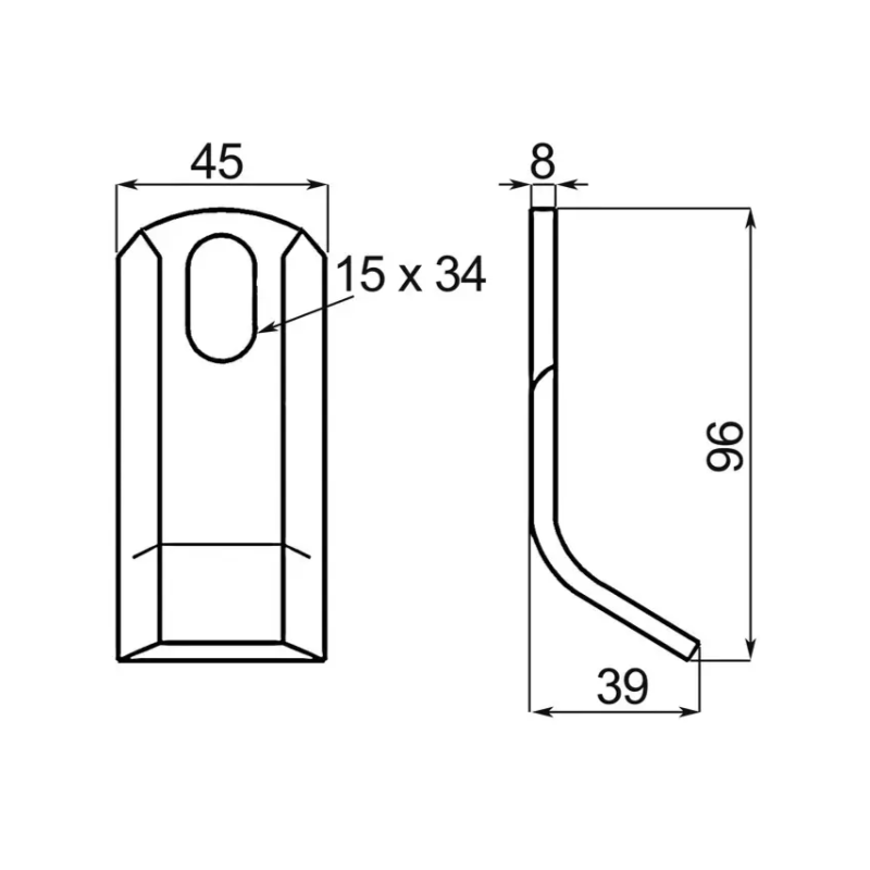 FLEAU DE DEBROUSSAILLEUSE BISEAUTE 45X8X96 MM TROU 15X34 MM