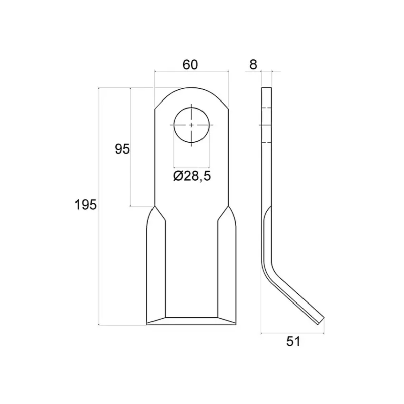 COUTEAU DE BROYEUR Y 60X8X195 D29 TYPE BERTI